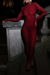 Stand Collar Long Sleeve Hot Drilling Skinny Jumpsuit - Red